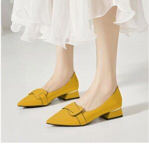 YDN Yellow Pointed Toe Pumps Slip on Block Low Heel Loafers Office Comfy Shoes